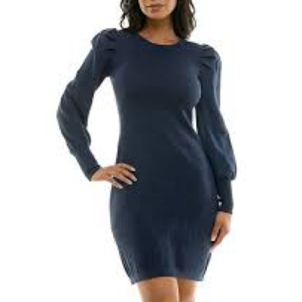 Maison Tara | Lux Sweater Dress with Puff Shoulder, Shimmer Navy, Size XL